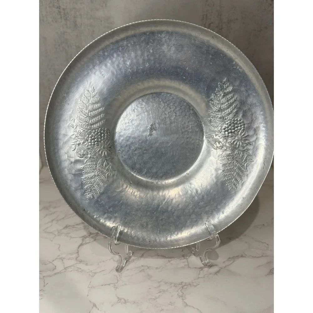 Vintage Canterbury Hammered Aluminum Tray Floral Fern Grape Serving Platter 13in